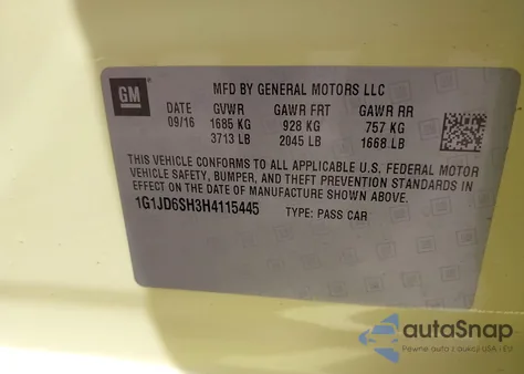 2017 Chevrolet Sonic Lt Auto из США, поврежденный, VIN 1G1JD6SH3H4115445